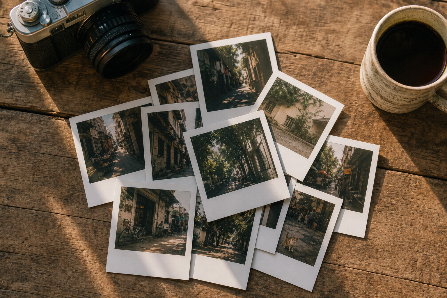 Pile de photos instantanées éparpillées sur une table en bois