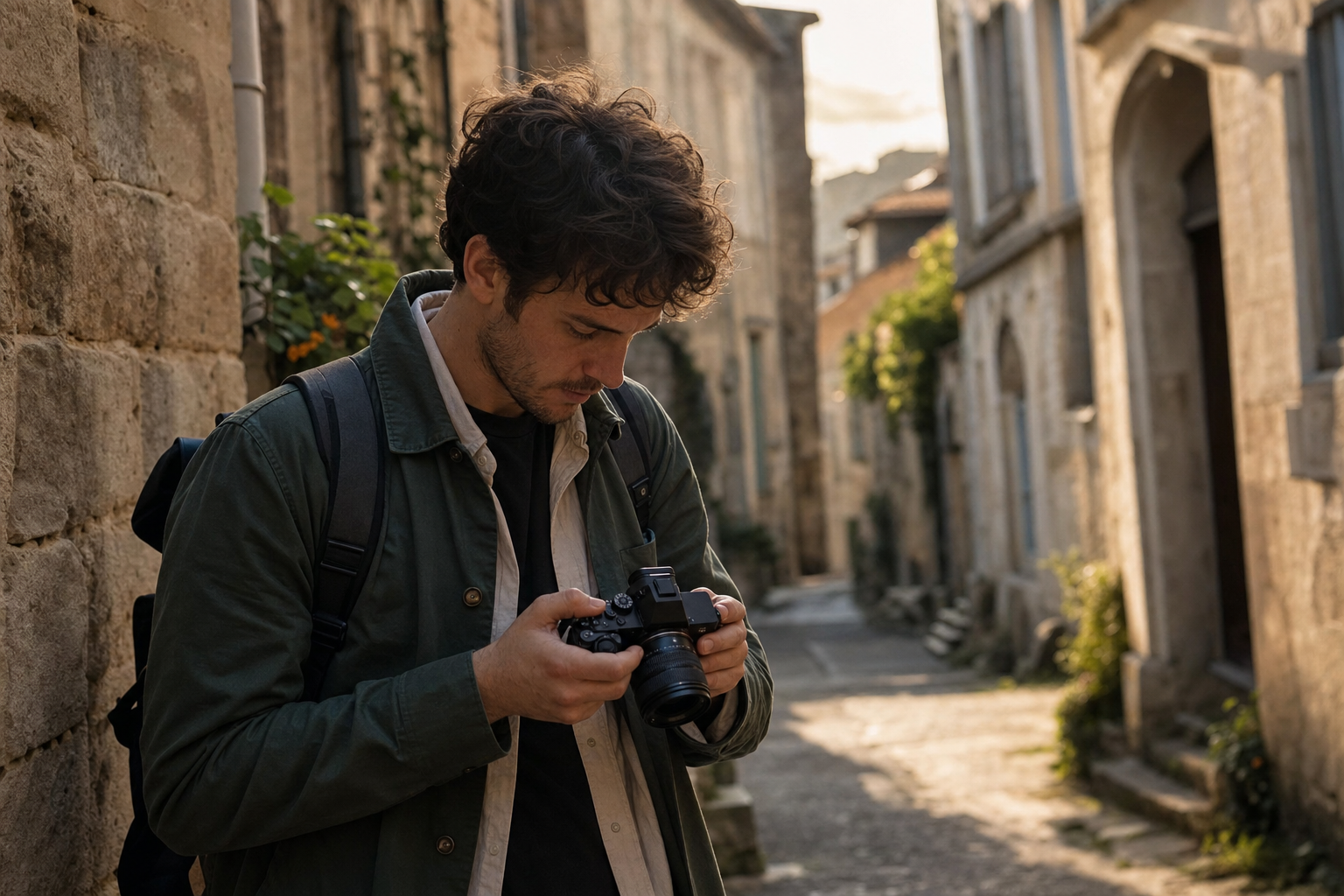 Photographe relisant ses prises sur l'écran d'un appareil hybride