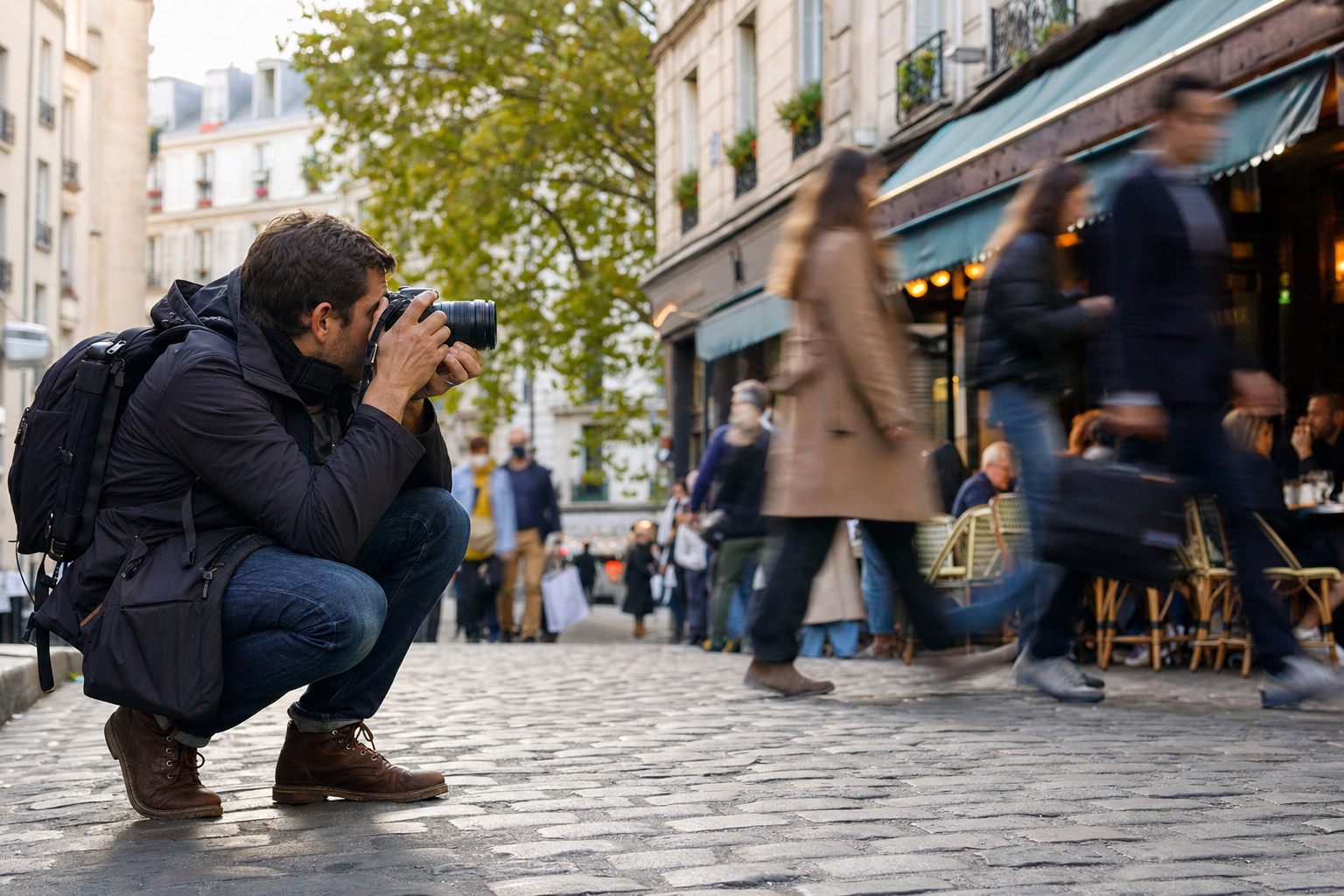Photographe accroupi capturant la vie de rue de façon candide