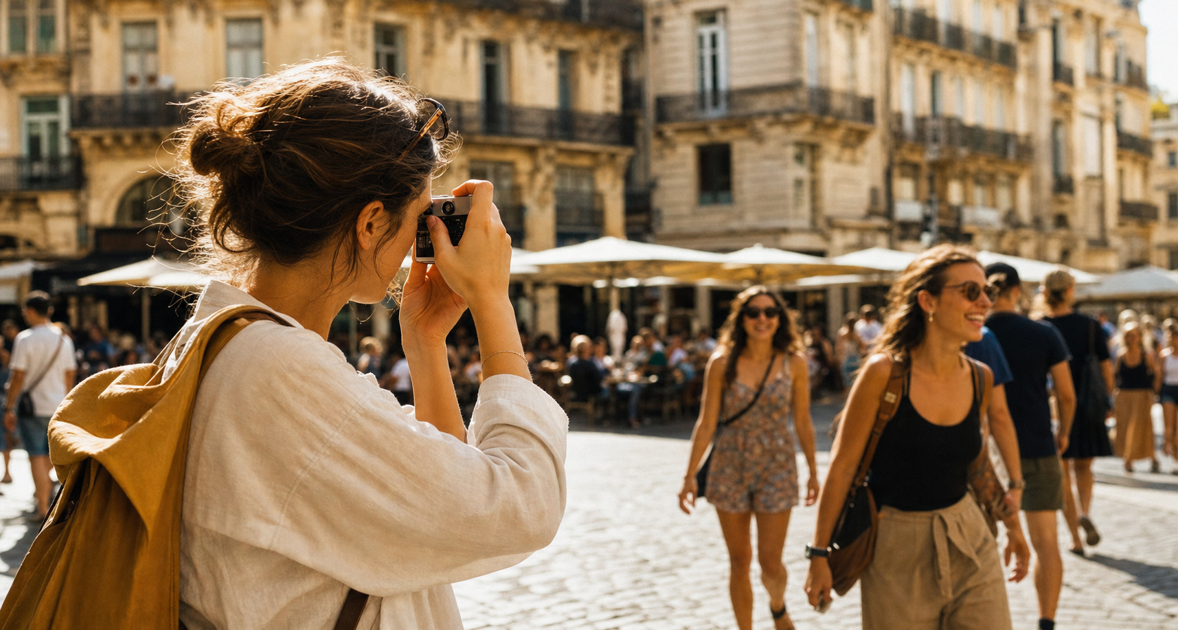 Photographe de rue capturant un instant candide sur une place animée à Montpellier